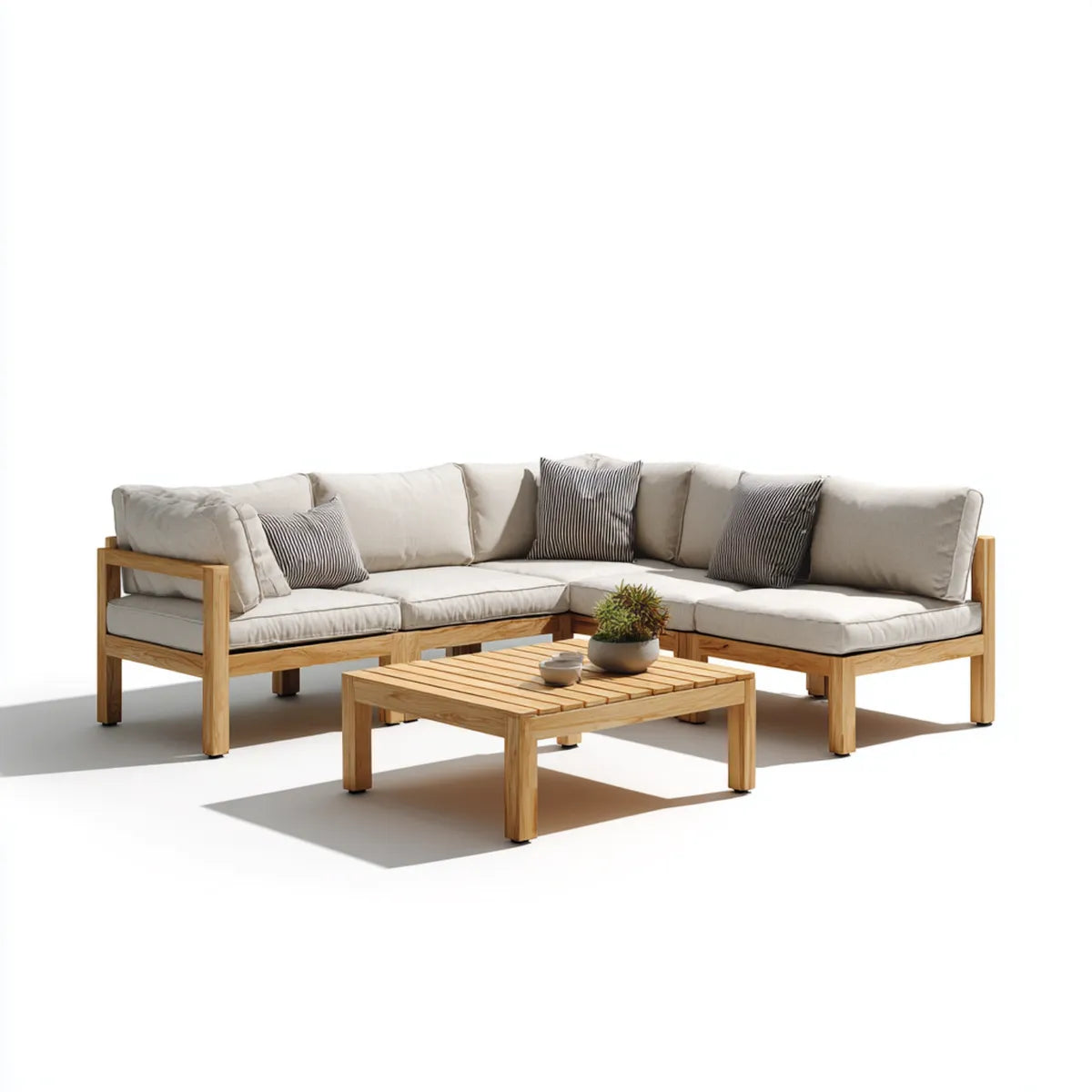 Sofa ogrodowa, Taras salon zestaw narożna sofa z beżowy stół naturalny drewno z drewna acacia 220 x 220 cm