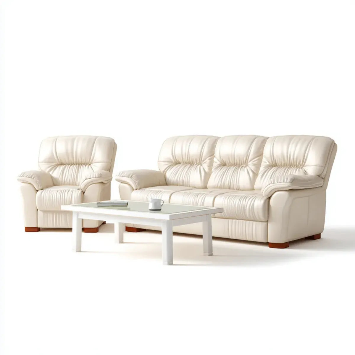Sofa, 2-częściowy krem PU sztuczna skóra prostokątna 3-fotelik 210 x 90 x 100 cm fotel 105 x 90 x 100 cm