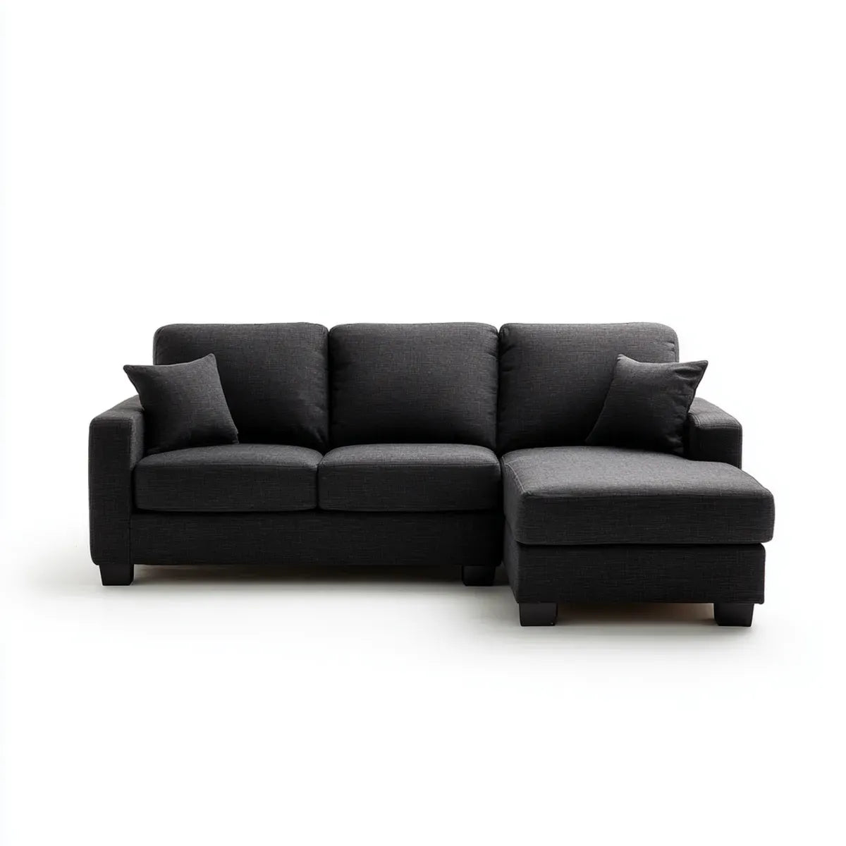 Sofa, Rożna sofa 3-osobowa czarna z ottomanem w prawej 245 x 155 x 85 cm poliestrowy kształt L