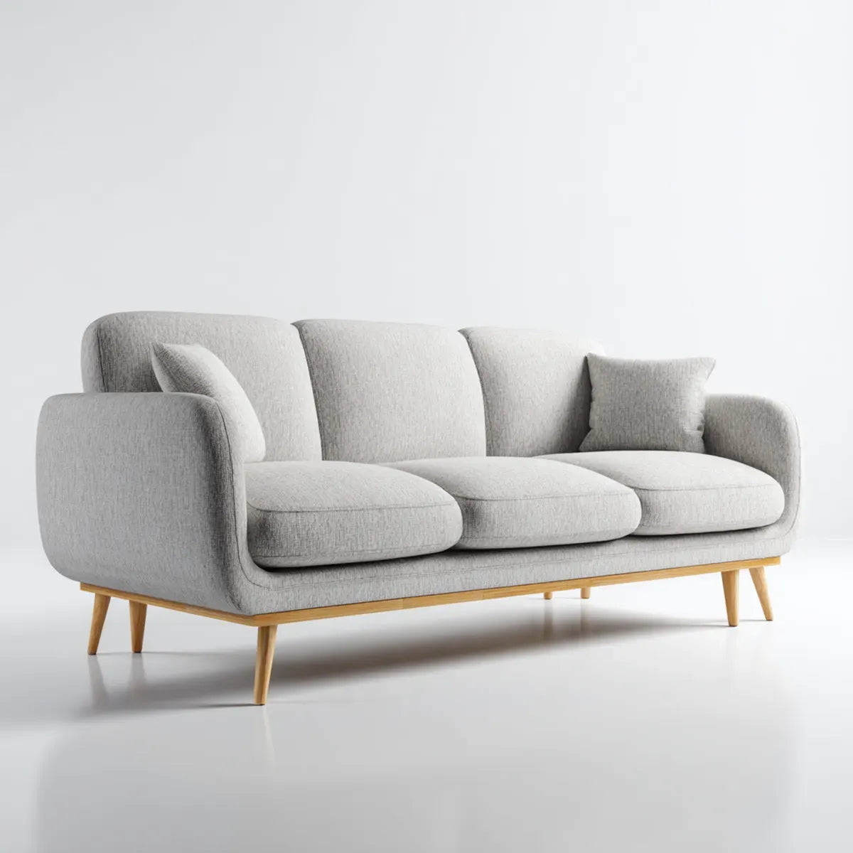Sofa, 3-fotelikowa sofa w prostym kształcie jasnoszarym z tapicerką poliestrową i bukowymi nóżkami z drewna 220 x 90 x 84 cm