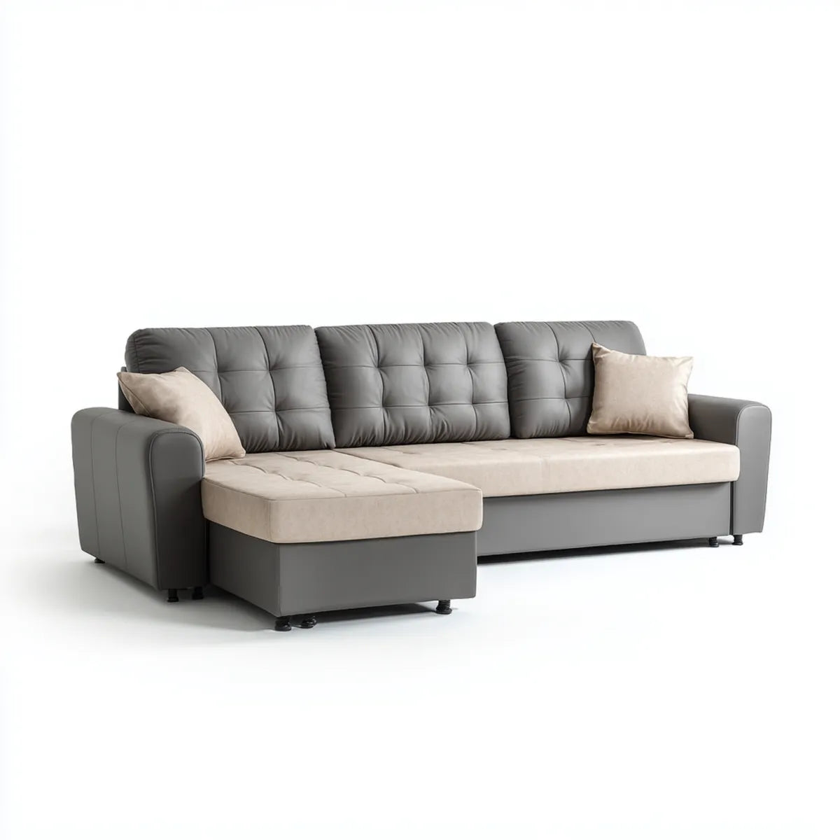 Sofa, Kanapa narożna z rekamierem z lewym, szarym beżowym poliestrem L-forma 260 x 160 x 85 cm
